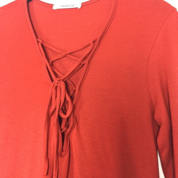Cherish Red Lace Up Front Long Sleeve Top Size Medium - Picture 2 of 5